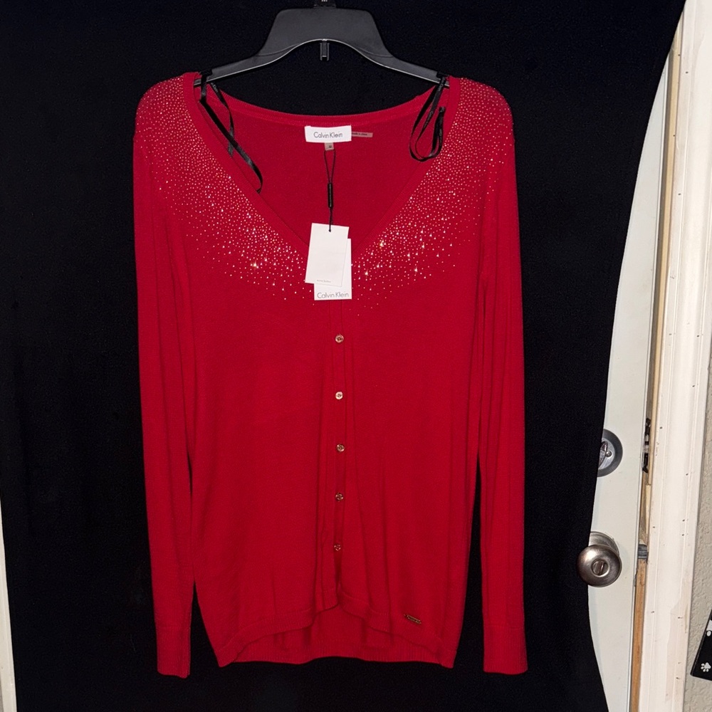 Calvin Klein Red Cardigan w/gold buttons and gold embellishments
